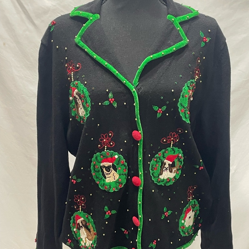 Jack B Quick Festive Black Cardigan Accents Dogs. Beaded. Missing button. Large.